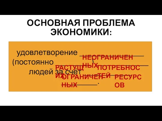 ОСНОВНАЯ ПРОБЛЕМА ЭКОНОМИКИ: КАК? удовлетворение ________________ (постоянно _________) _____________ людей за