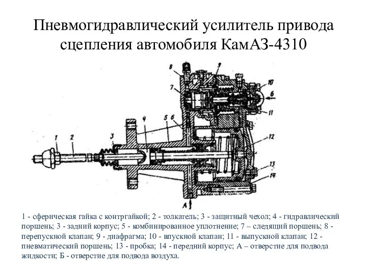 Пневмогидравлический усилитель привода сцепления автомобиля КамАЗ-4310 1 - сферическая гайка с