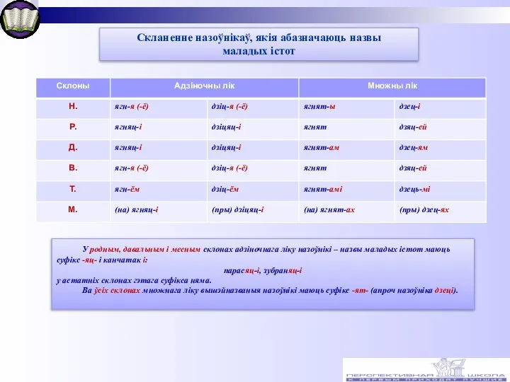 Скланенне назоўнікаў, якія абазначаюць назвы маладых істот У родным, давальным і