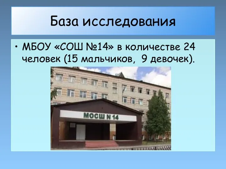 База исследования МБОУ «СОШ №14» в количестве 24 человек (15 мальчиков, 9 девочек).