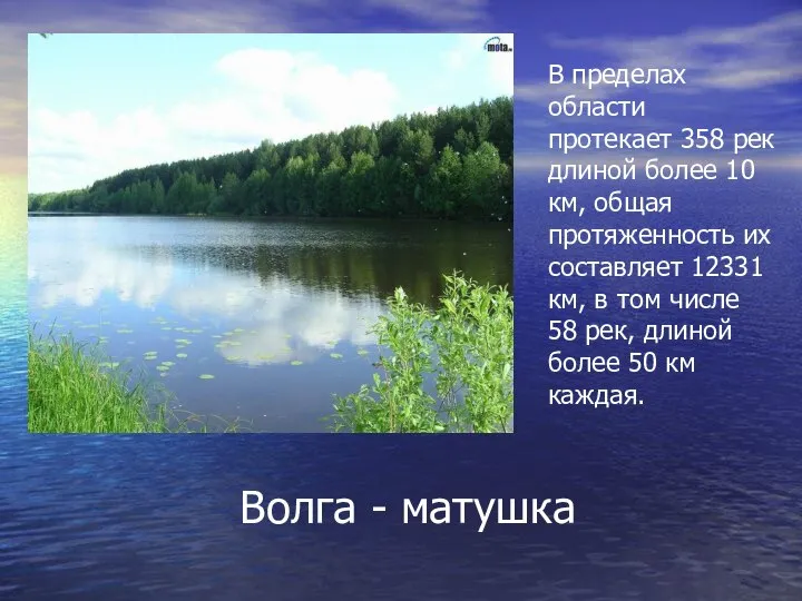 Волга - матушка В пределах области протекает 358 рек длиной более