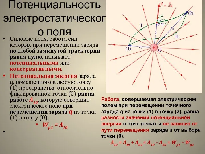 Потенциальность электростатического поля Силовые поля, работа сил которых при перемещении заряда