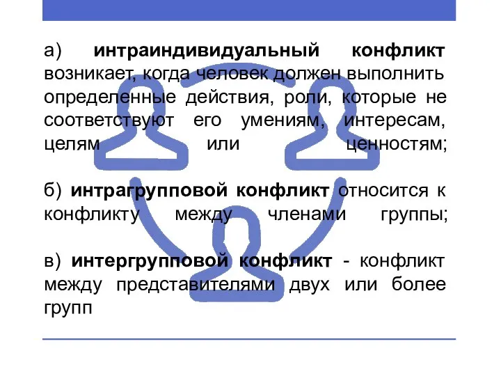 а) интраиндивидуальный конфликт возникает, когда человек должен выполнить определенные действия, роли,