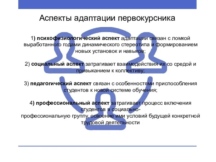 Аспекты адаптации первокурсника 1) психофизиологический аспект адаптации связан с ломкой выработанного