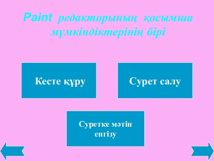 Paint редакторының қосымша мүмкіндіктерінің бірі Кесте құру Сурет салу Суретке мәтін енгізу