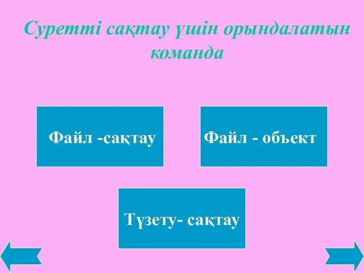 Суретті сақтау үшін орындалатын команда Файл -сақтау Файл - объект Түзету- сақтау