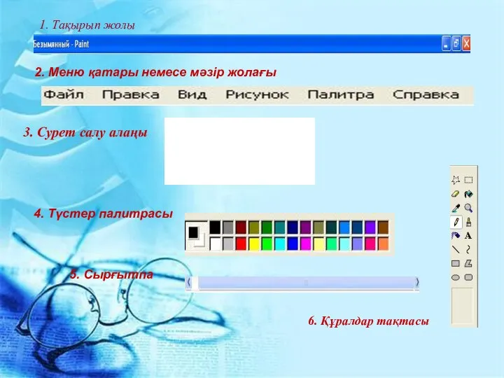 1. Тақырып жолы 2. Меню қатары немесе мәзір жолағы 6. Құралдар