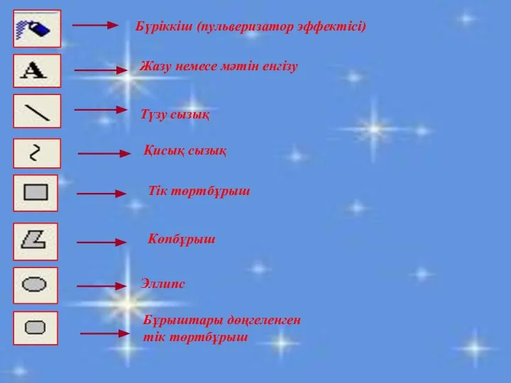 Бүріккіш (пульверизатор эффектісі) Жазу немесе мәтін енгізу Түзу сызық Қисық сызық