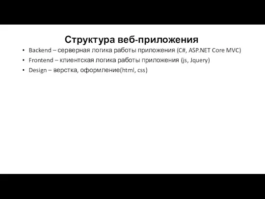 Структура веб-приложения Backend – серверная логика работы приложения (C#, ASP.NET Core