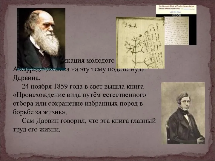 И только публикация молодого натуралиста Альфреда Уоллеса на эту тему подстегнула