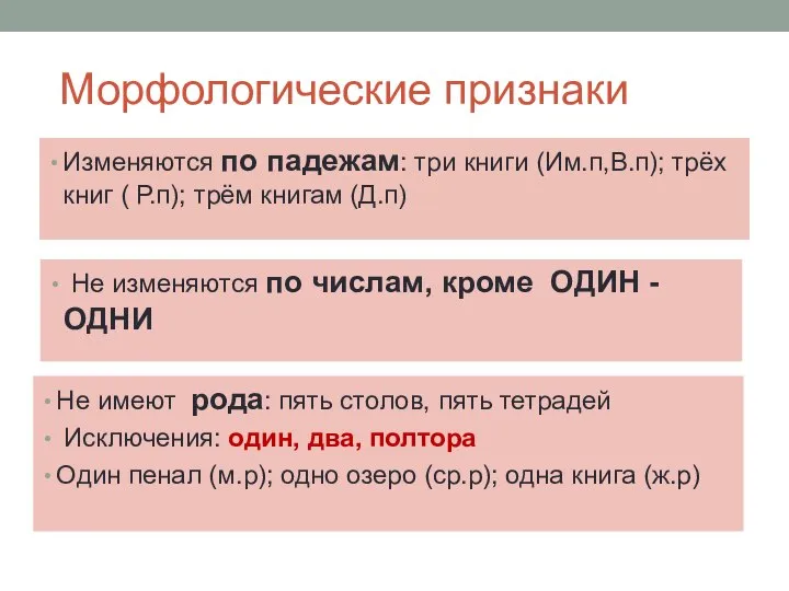 Морфологические признаки Изменяются по падежам: три книги (Им.п,В.п); трёх книг (