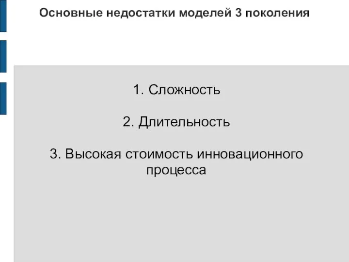 Основные недостатки моделей 3 поколения 1. Сложность 2. Длительность 3. Высокая стоимость инновационного процесса