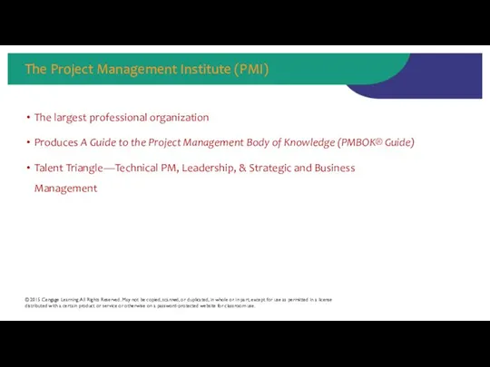 The Project Management Institute (PMI) The largest professional organization Produces A