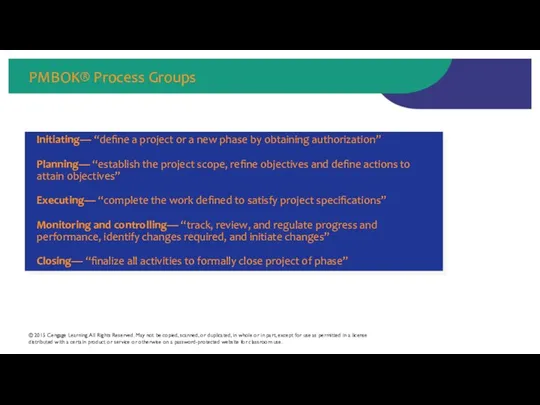 PMBOK® Process Groups © 2015 Cengage Learning. All Rights Reserved. May