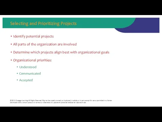 Selecting and Prioritizing Projects Identify potential projects All parts of the