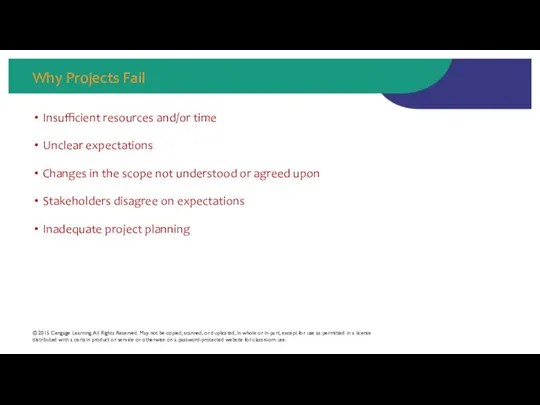 Why Projects Fail Insufficient resources and/or time Unclear expectations Changes in