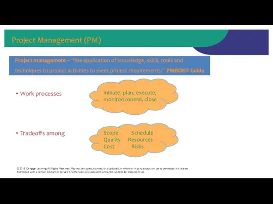 Project Management (PM) Work processes Tradeoffs among © 2015 Cengage Learning.