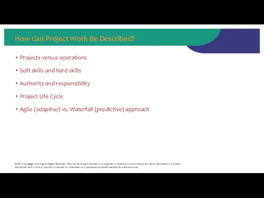 How Can Project Work Be Described? Projects versus operations Soft skills