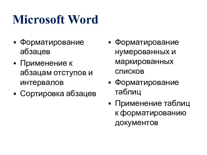 Microsoft Word Форматирование абзацев Применение к абзацам отступов и интервалов Сортировка