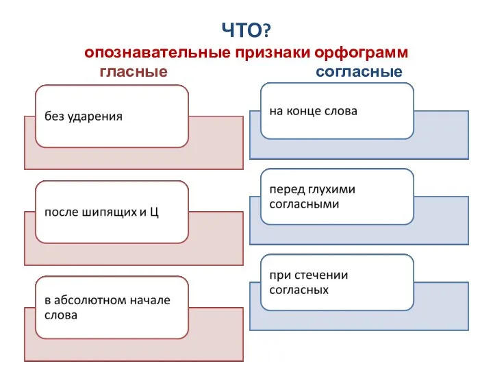 ЧТО? опознавательные признаки орфограмм гласные согласные