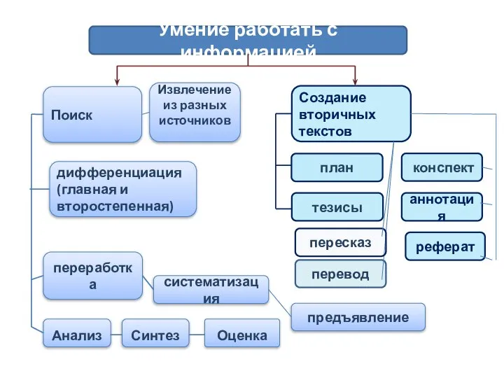 Умение работать с информацией Поиск дифференциация (главная и второстепенная) переработка систематизация