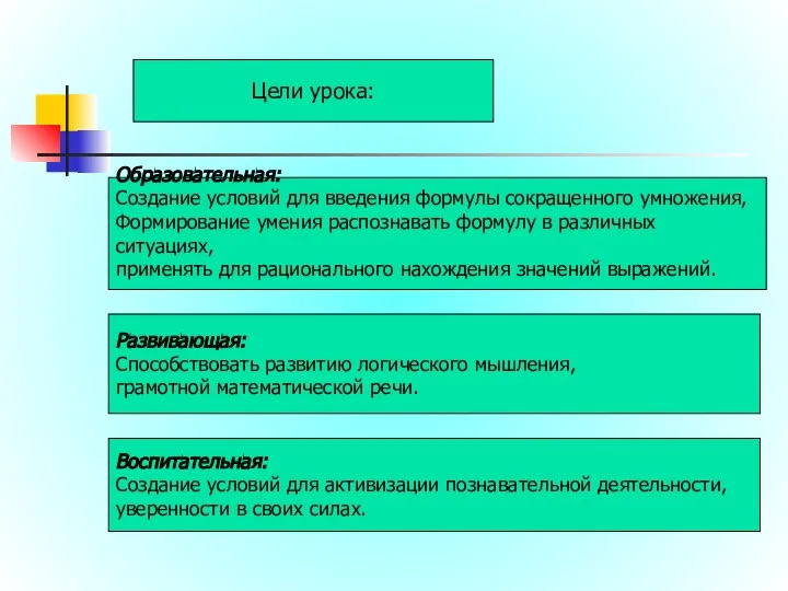 Цели урока: Образовательная: Создание условий для введения формулы сокращенного умножения, Формирование