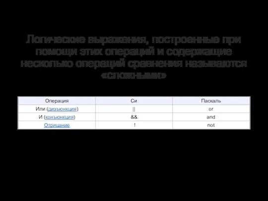 Логические выражения, построенные при помощи этих операций и содержащие несколько операций сравнения называются «сложными»