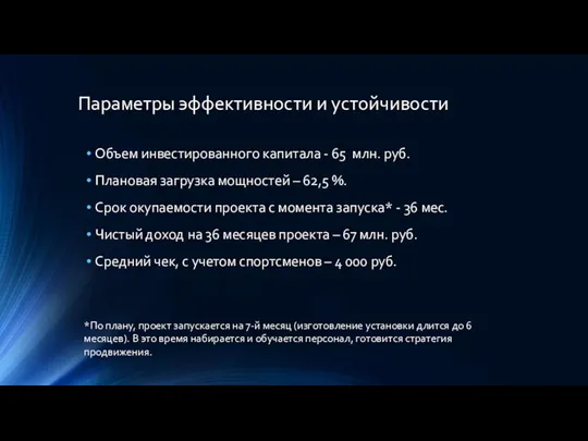 Параметры эффективности и устойчивости *По плану, проект запускается на 7-й месяц