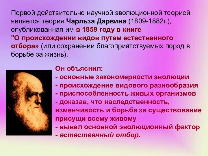 Он объяснил: - основные закономерности эволюции - происхождение видового разнообразия -