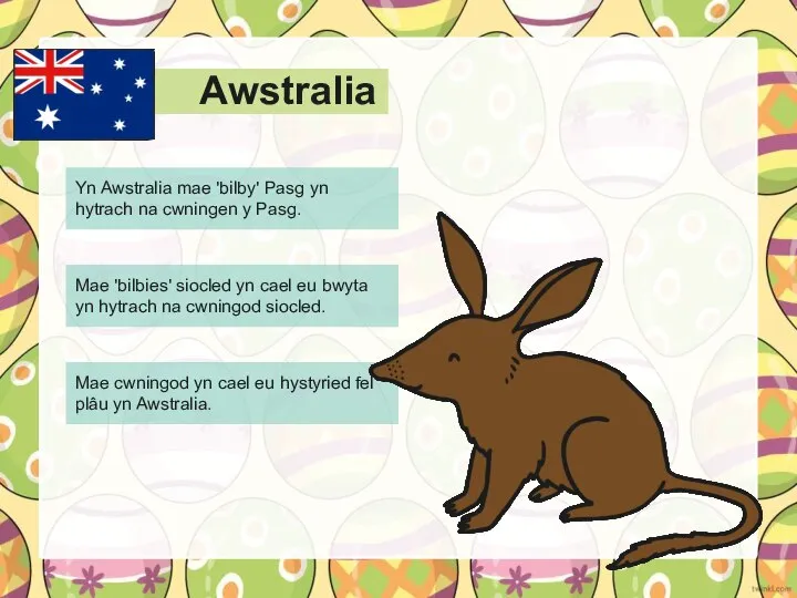 Awstralia Yn Awstralia mae 'bilby' Pasg yn hytrach na cwningen y