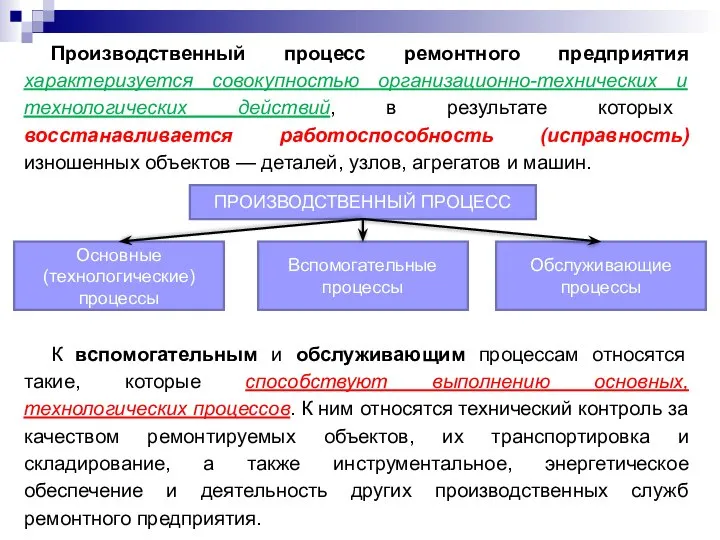 Производственный процесс ремонтного предприятия характеризуется совокупностью организационно-технических и технологических действий, в