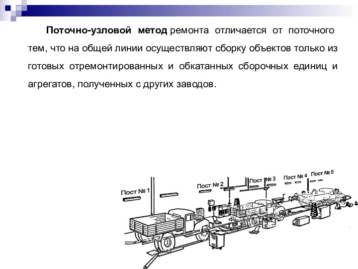 Поточно-узловой метод ремонта отличается от поточного тем, что на общей линии