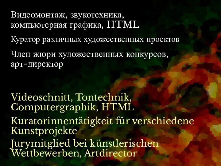 Куратор различных художественных проектов Kuratorinnentätigkeit für verschiedene Kunstprojekte Видеомонтаж, звукотехника, компьютерная