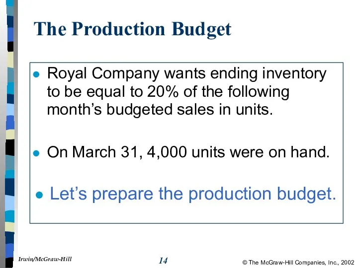 The Production Budget Royal Company wants ending inventory to be equal