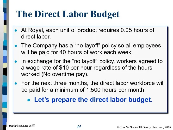 The Direct Labor Budget At Royal, each unit of product requires