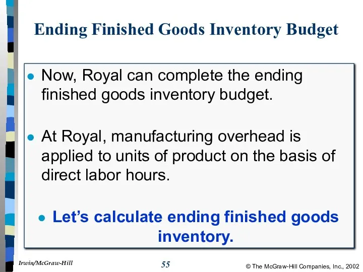 Ending Finished Goods Inventory Budget Now, Royal can complete the ending