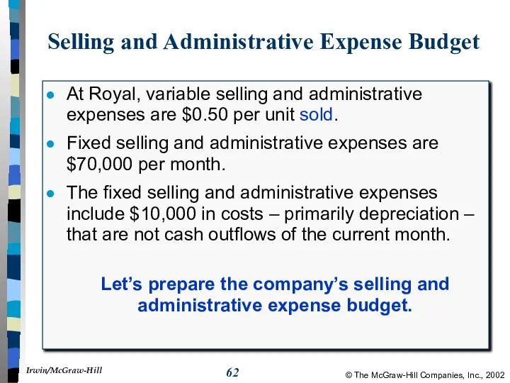 Selling and Administrative Expense Budget At Royal, variable selling and administrative