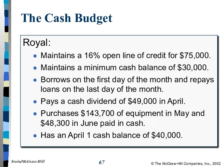 The Cash Budget Royal: Maintains a 16% open line of credit