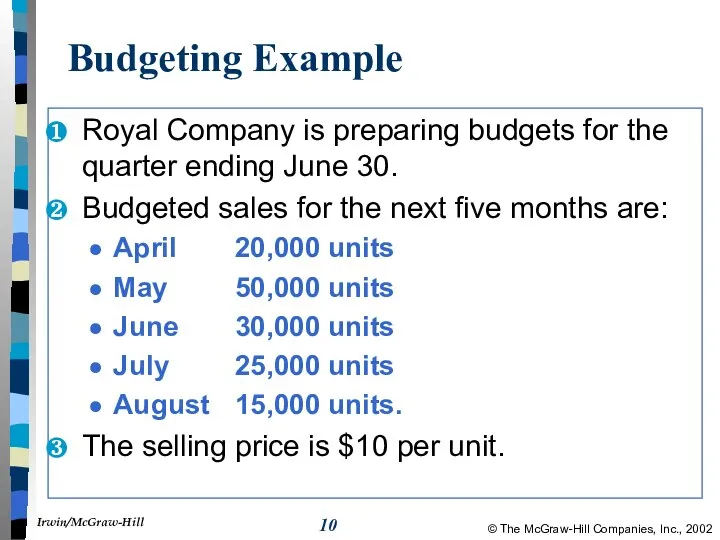 Budgeting Example Royal Company is preparing budgets for the quarter ending