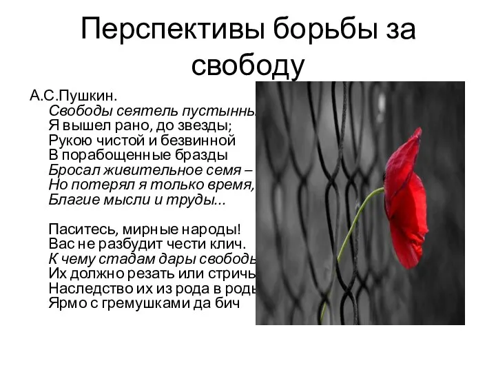 Перспективы борьбы за свободу А.С.Пушкин. Свободы сеятель пустынный, Я вышел рано,