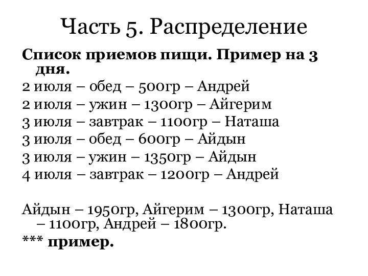 Часть 5. Распределение Список приемов пищи. Пример на 3 дня. 2