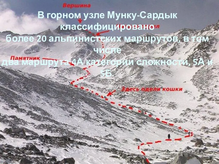 В горном узле Мунку-Сардык классифицировано более 20 альпинистских маршрутов, в том