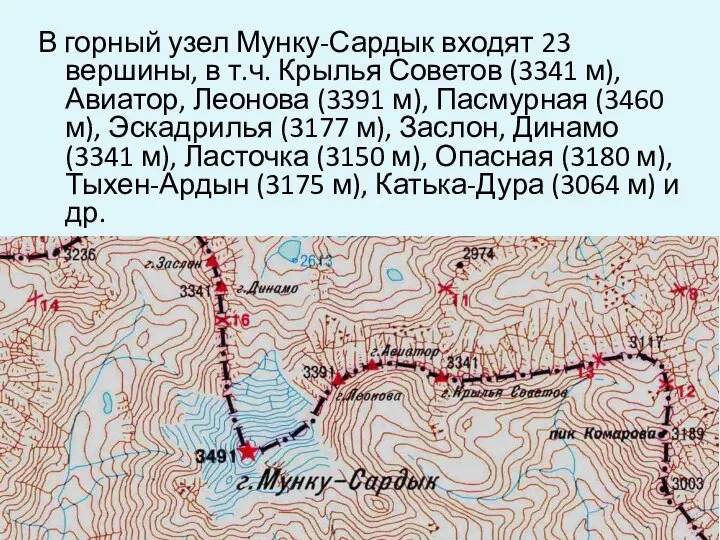 В горный узел Мунку-Сардык входят 23 вершины, в т.ч. Крылья Советов