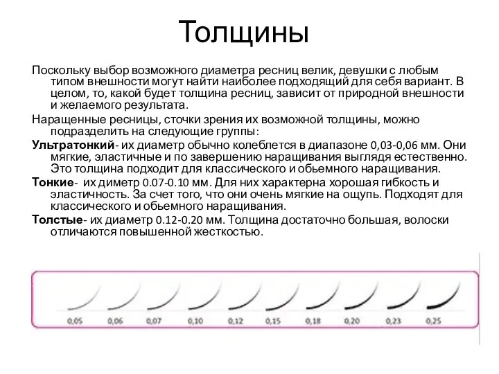 Толщины Поскольку выбор возможного диаметра ресниц велик, девушки с любым типом