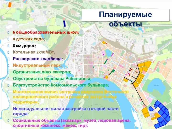 Планируемые объекты 6 общеобразовательных школ; 4 детских сада; 8 км дорог;