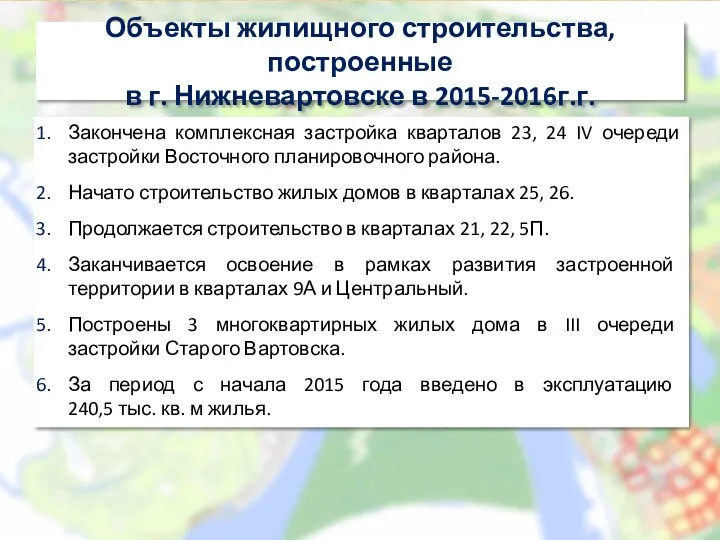 Объекты жилищного строительства, построенные в г. Нижневартовске в 2015-2016г.г. Закончена комплексная