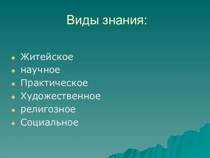 Виды знания: Житейское научное Практическое Художественное религозное Социальное