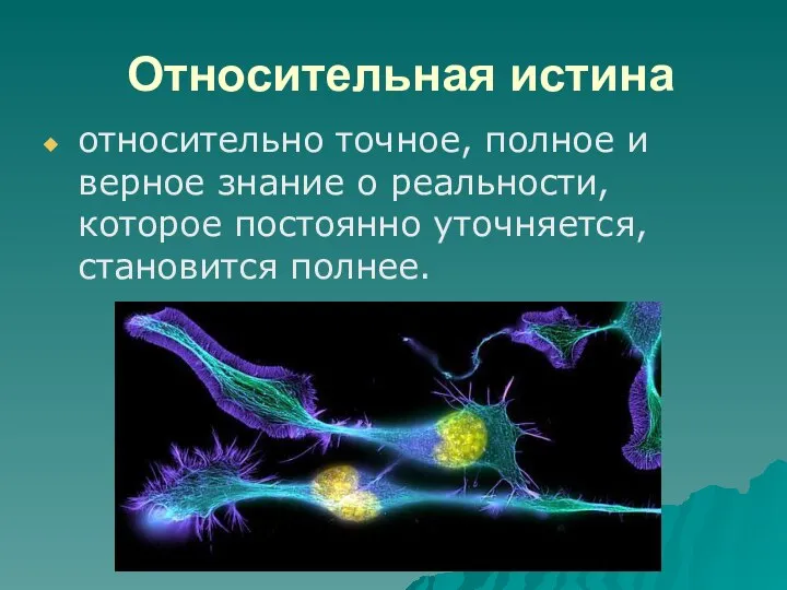 Относительная истина относительно точное, полное и верное знание о реальности, которое постоянно уточняется, становится полнее.