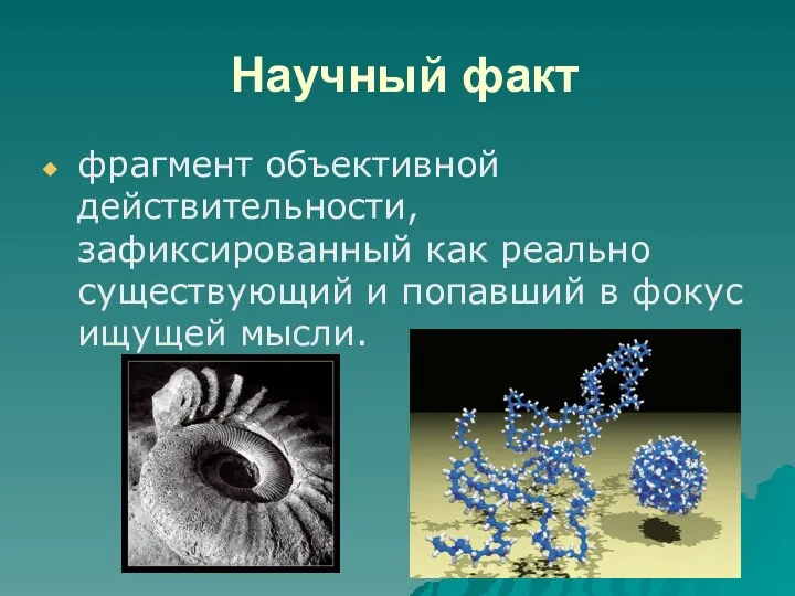 Научный факт фрагмент объективной действительности, зафиксированный как реально существующий и попавший в фокус ищущей мысли.