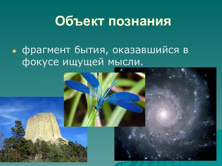 Объект познания фрагмент бытия, оказавшийся в фокусе ищущей мысли.